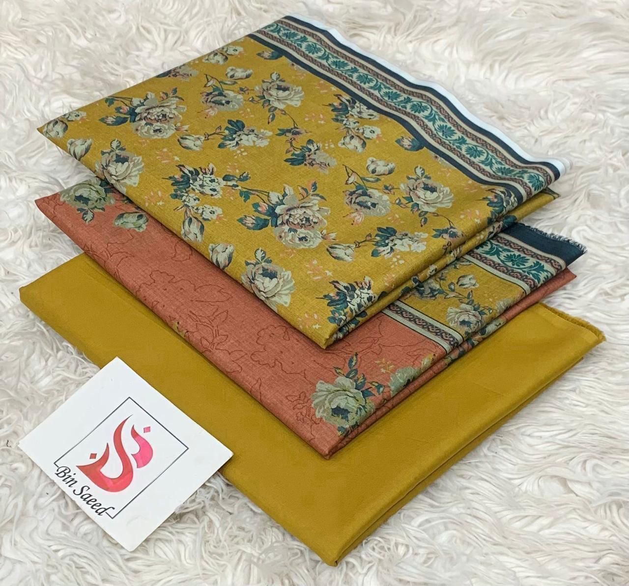 SUMMER LAWN COLLECTION  BIN SAEED BRAND UNSTITCHED BEAUTIFUL DIFFERENT PRINTED 3 PIECE
