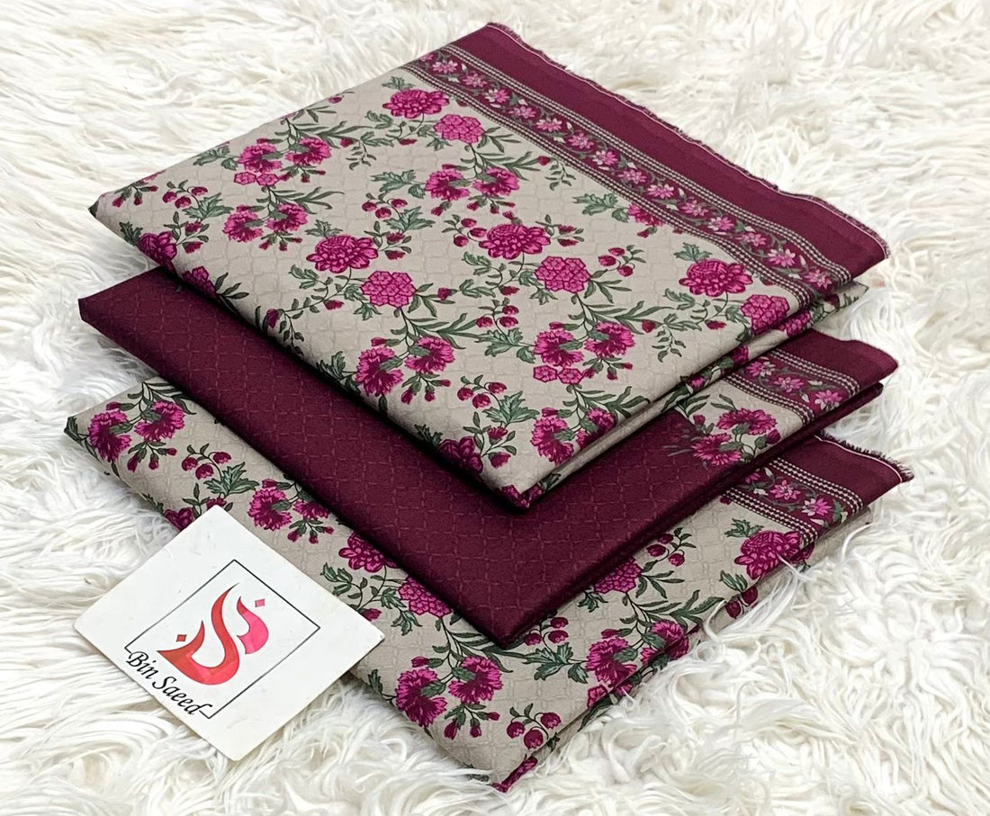 SUMMER LAWN COLLECTION  BIN SAEED BRAND UNSTITCHED BEAUTIFUL DIFFERENT PRINTED 3 PIECE